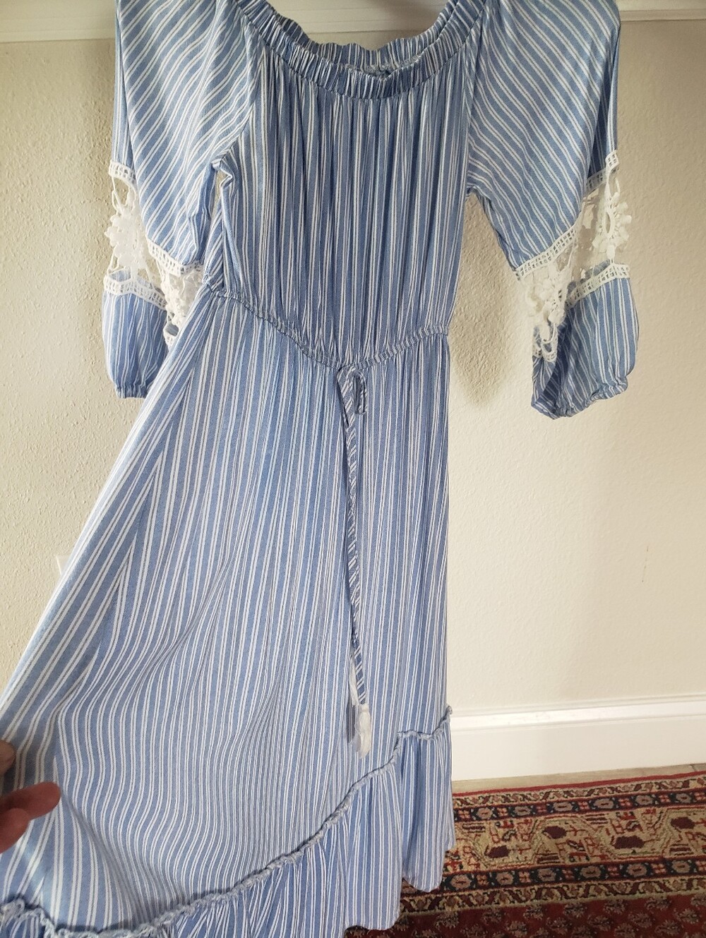 Lapis Boho Striped Off-Shoulder Midi Dress with Crochet Lace & Tassels Small - Picture 2 of 13